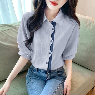 Irregular Color Blocked Chiffon Shirt for Women In Summer Loose Pleated Short Sleeved Shirt Versatile and Stylish Top