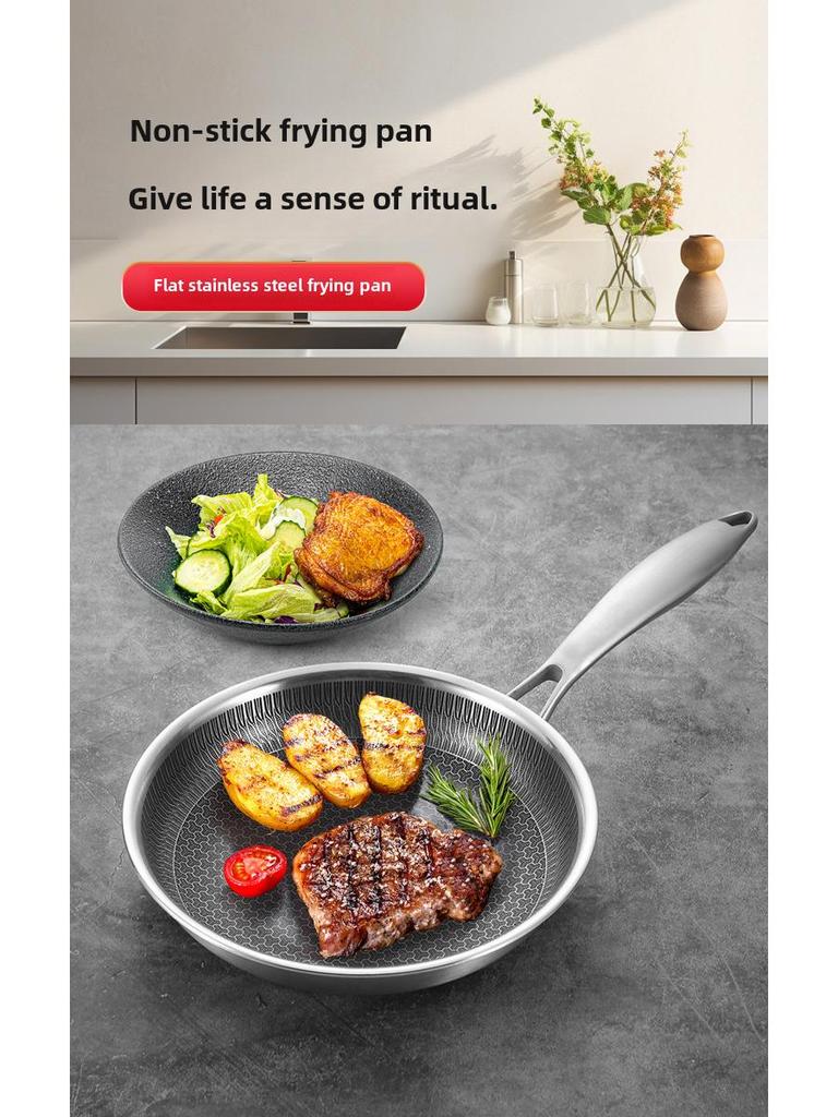Three-Layer Stainless Steel Non-Stick Frying Pan - Honeycomb Design for Egg and Steak