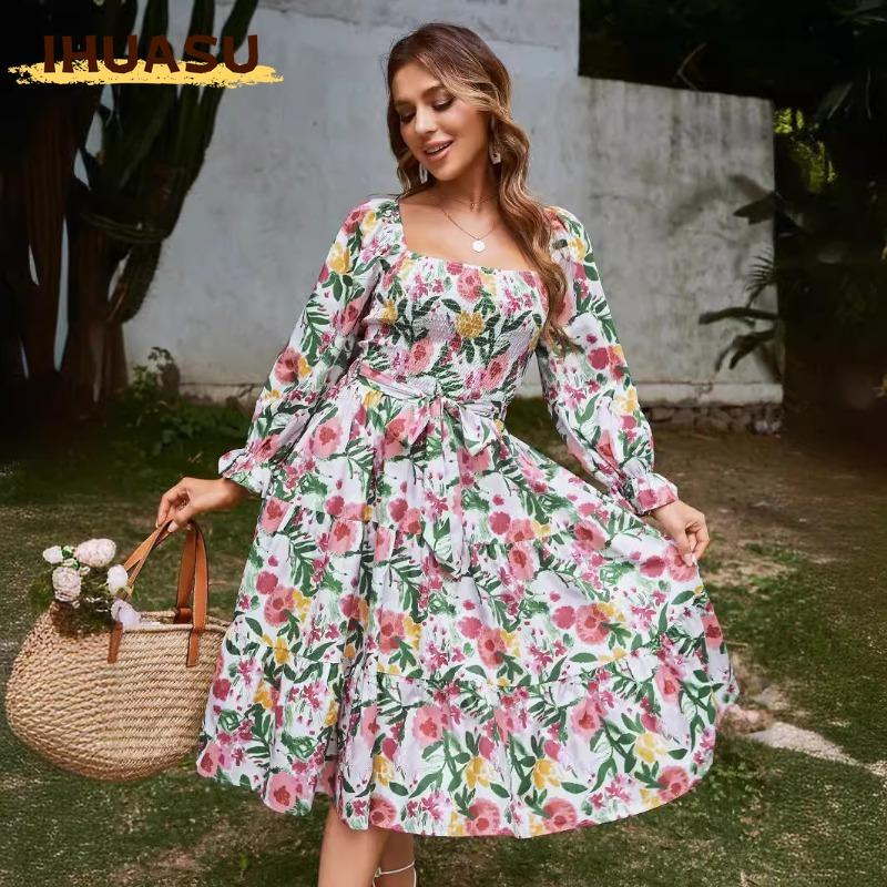 IHUASU Fashion Summer Spring Long Sleeve Square Collar Casual Dresses