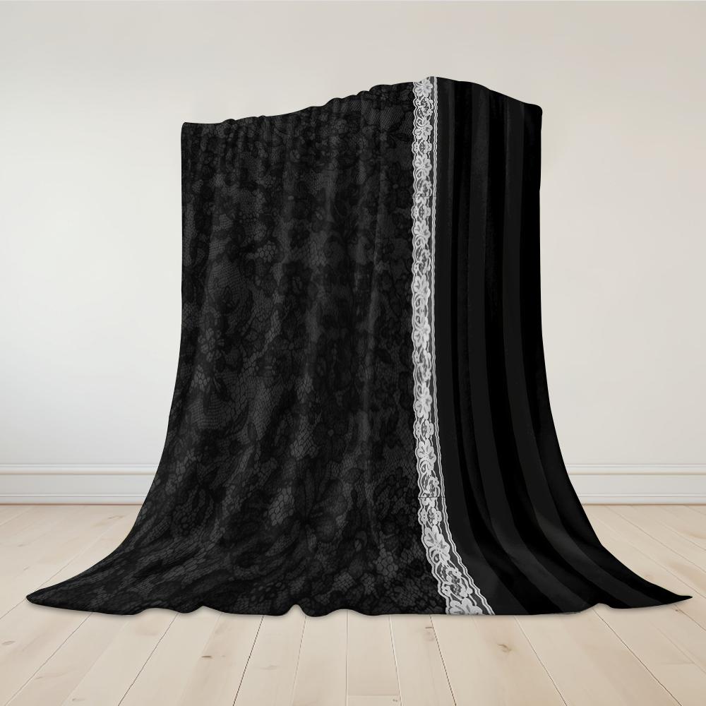 Black Lace Trim Flannel Blanket Warm Soft Halloween Christmas Couch Warm Cozy Decorative Decor Gift for All Season