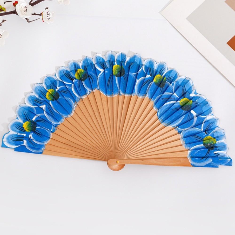 Chinese Style Wooden Folding Fan Hand-Painted Pattern Handheld Fan Ancient Flower Fan Women Use
