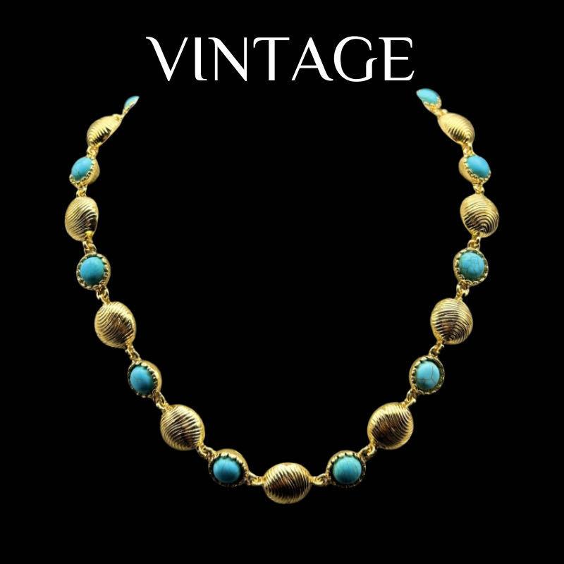 Винтажный Позолоченный Настоящим Золотом Круглый Трехмерный Бирюзовый Инкрустированный Элегантный Универсальный Набор Серьги-ожерелье