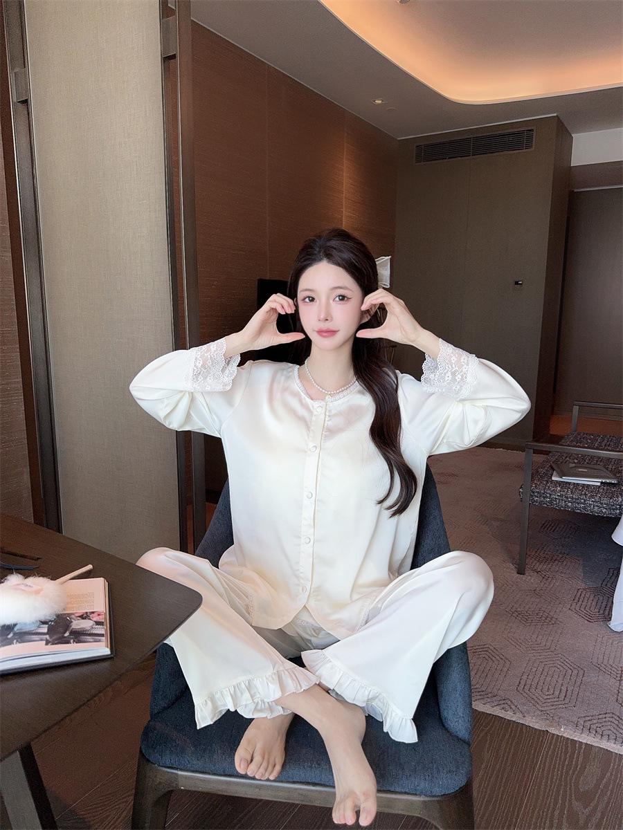 Women s French Ice Silk Pajama Set: Long Sleeve Camisole, Long Pants & Lace Trim - Spring/Summer Sexy Homewear M шампанского