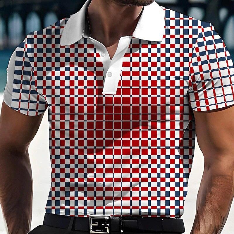 Fashionable Geometric Color Blocked Pattern 3D Digital Printing Men's Comfortable Polo Shirt