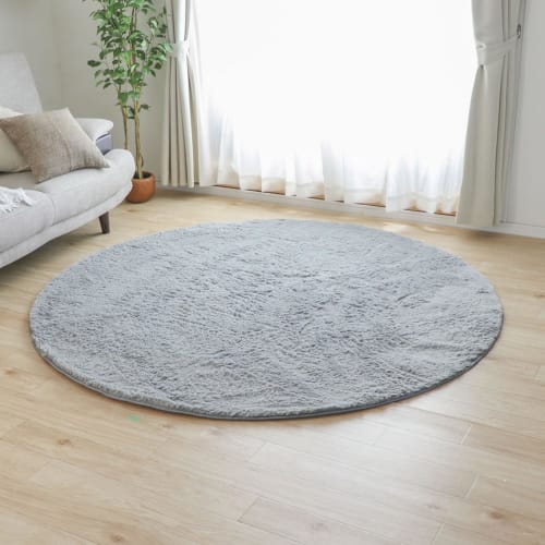 Freely Shaggy Rug, 100cm Diameter, Anti-mite, Antibacterial, Odor Resistant, Thick, Non-Slip, Compatible with Heated Carpets, Solid Color/Light Gray