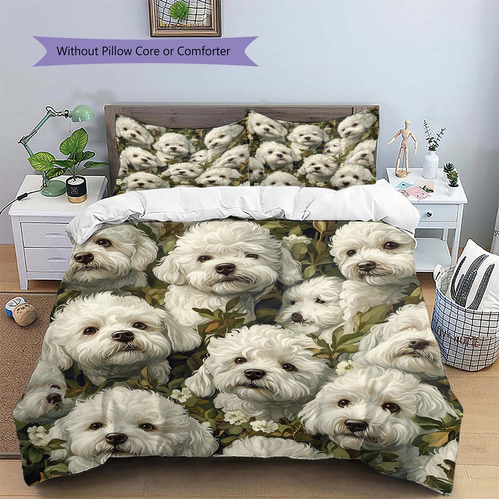 Bettwäsche mit Blätter- und Bichon-Muster, Heimdekoration, Geburtstagsgeschenk (1 Bettbezug + 2 Kissenbezüge, ohne Füllung)