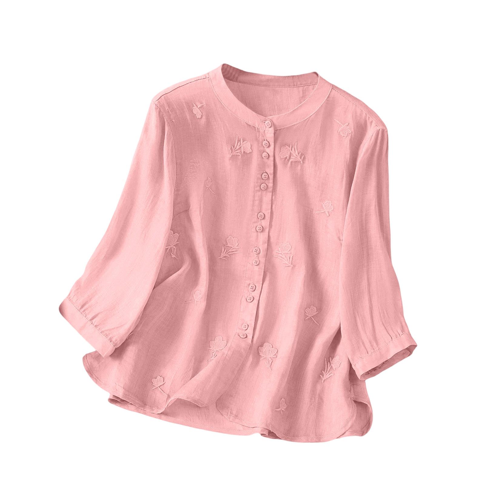 Модная ретро свободная вышитая рубашка для женщин, молодежная, новая, летняя, с рукавом три четверти XL розовый