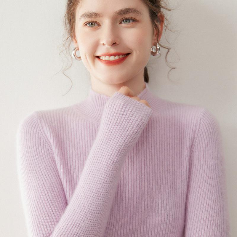 Women's Cashmere Solid Color Half-High Neck Sweater – Thick Knit, Slim Fit, Versatile Autumn/Winter Base Layer Top