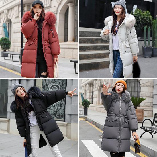 Dámská zimní bunda s chlupatou kapucí Zesílený vycpaný péřový kabát Stahovací šňůrka v pase Zip Zapínání ve střední délce větruodolný Bavlněný kabát do chladného počasí
