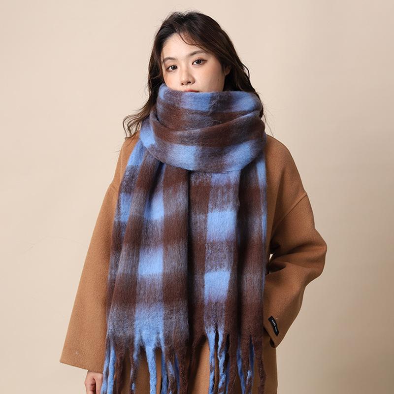 Plaid Large Scarf Women's Winter Warm Windproof Thickened Mohair Fringed Velvet Scarf Versatile Shawl Men