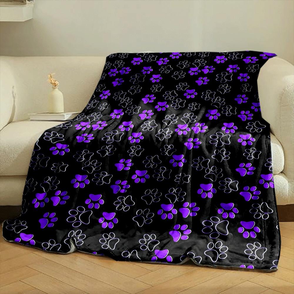 Purple and Outlined Paw Prints Scattered On a Black Background. for All Seasons Blanket Lunch Break Throw Gift