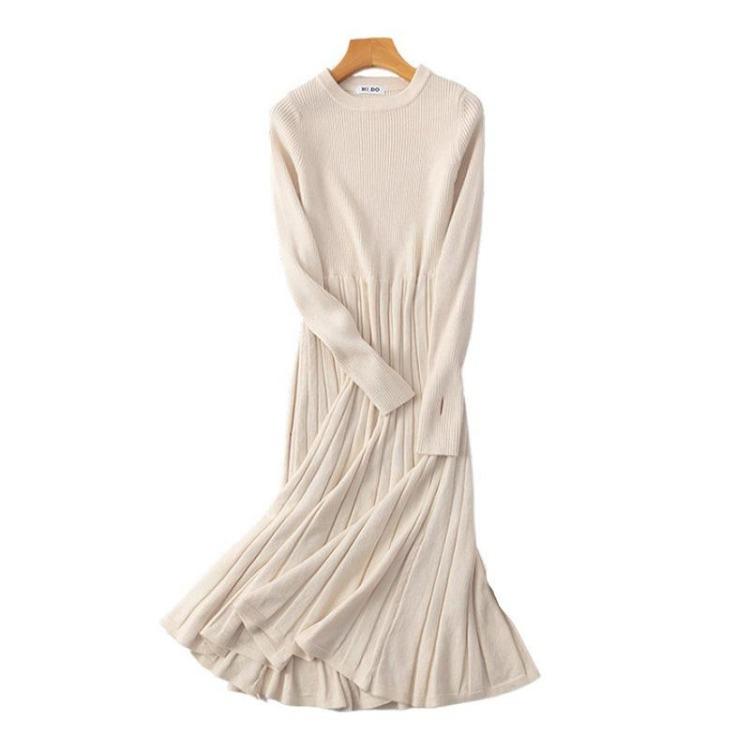 A-line Thick Pullover Dress for Autumn Winter Chic Long Ribbed Full Sleeve Party