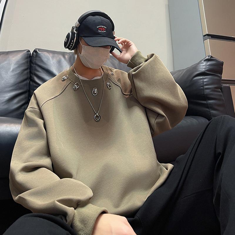 Men s Trendy Rivet Round Neck Hoodie - Autumn Fashion Versatile Loose Pullover 2XL