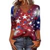 Women's Fashionable Casual Independence Day American Flag and Stars Print V-Neck Three-Quarter Sleeve T-Shirt Top