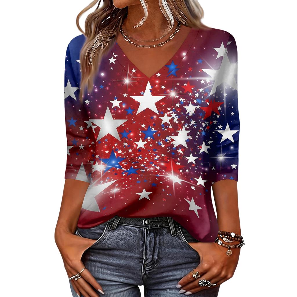 Women's Fashionable Casual Independence Day American Flag and Stars Print V-Neck Three-Quarter Sleeve T-Shirt Top