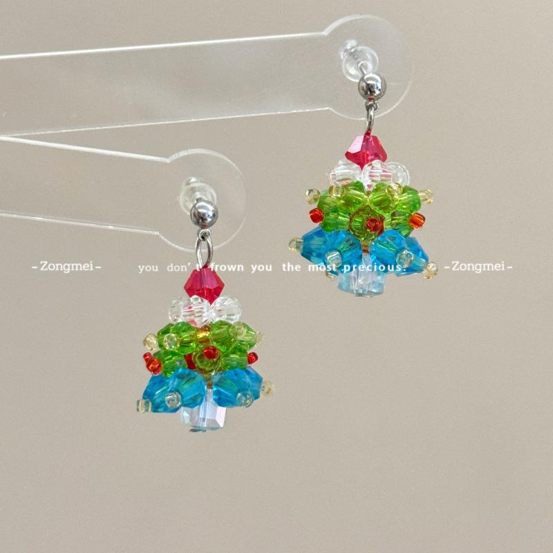 3D Christmas Tree Earrings with Red Bow - Heavy Beaded Crystal Ear Clips, Hand-Woven Holiday Accessories