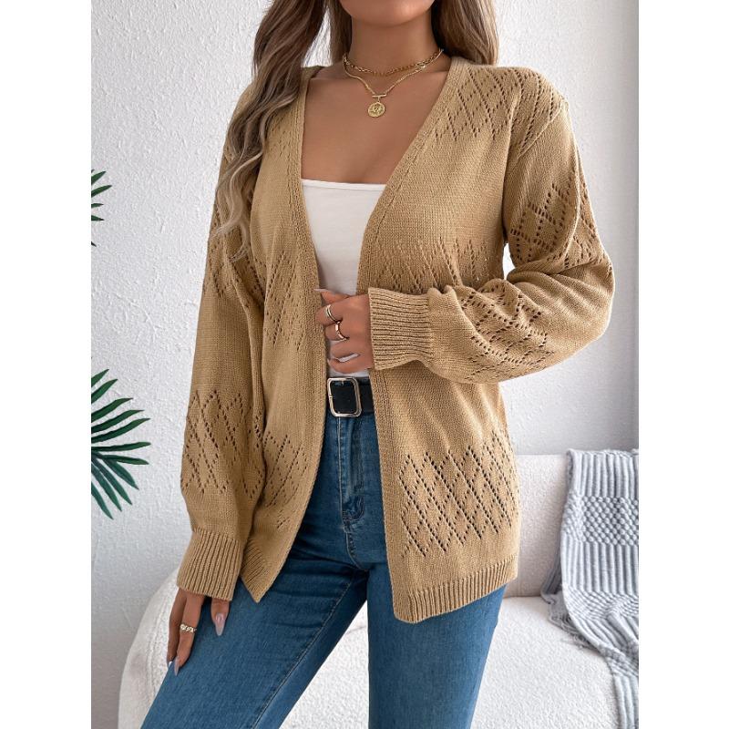 Women European American Casual Solid Hollow Out Lantern Long Sleeve Cardigan Sweater Coat