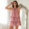 Vestido de gasa con borde de hoja de loto de viento dulce en el cuello para mujer, falda de tarta corta sin mangas, falda de temperamento elegante francesa