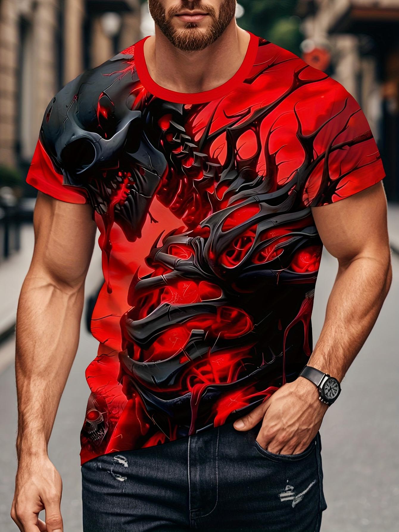 

Men s 3D Skull Print T-Shirt, Red Crew Neck, 100% Polyester, Thin & Breathable Summer Short Sleeve, Stylish Casual Wear, Machine Washable XL