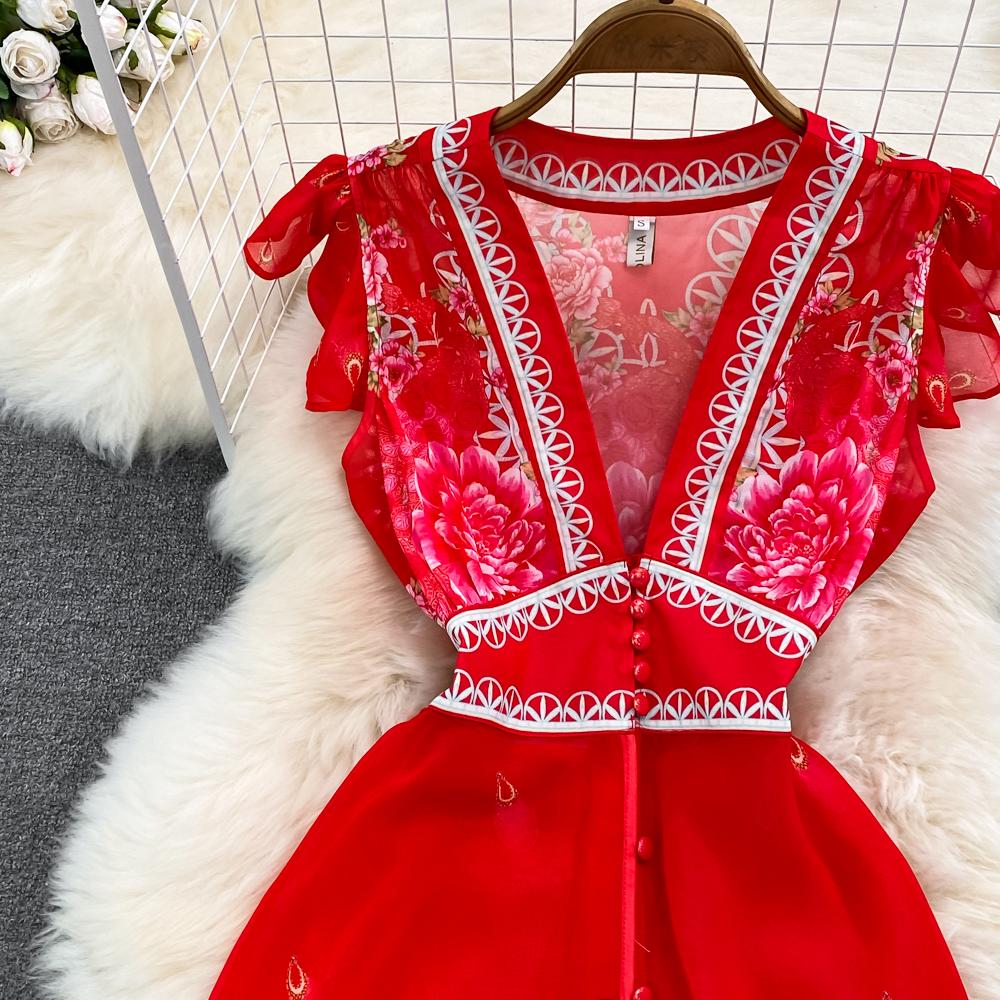 Fashion Runway Print Summer Dresses For Women Deep V Neck Flying Sleeve Single Breasted Split Long Pleated Chiffon Dresses