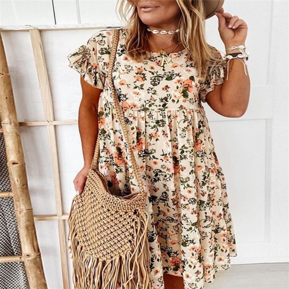 2025 Spring Summer Round Neck Flower Printed Short Sleeve Loose Dress Fashionable and Versatile Trend