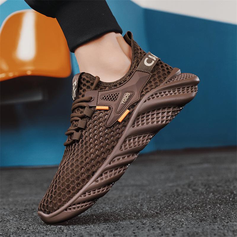 Summer New Fashion Solid Color Versatile Low-top Lace-up Casual Shoes Mesh Large Mesh Breathable Sports Running Men's Shoes