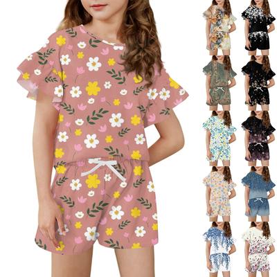Girls' Summer Outfit Ruffle Sleeve Top And Shorts Clothing Set Lightweight Casual Two Piece