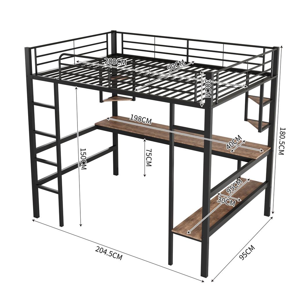 Bunk Bed 90x200 Cm Black, Iron Bed Desk, 4 Small Shelves, Large Bookcase, Safety Ladder, for Children's Room/adults