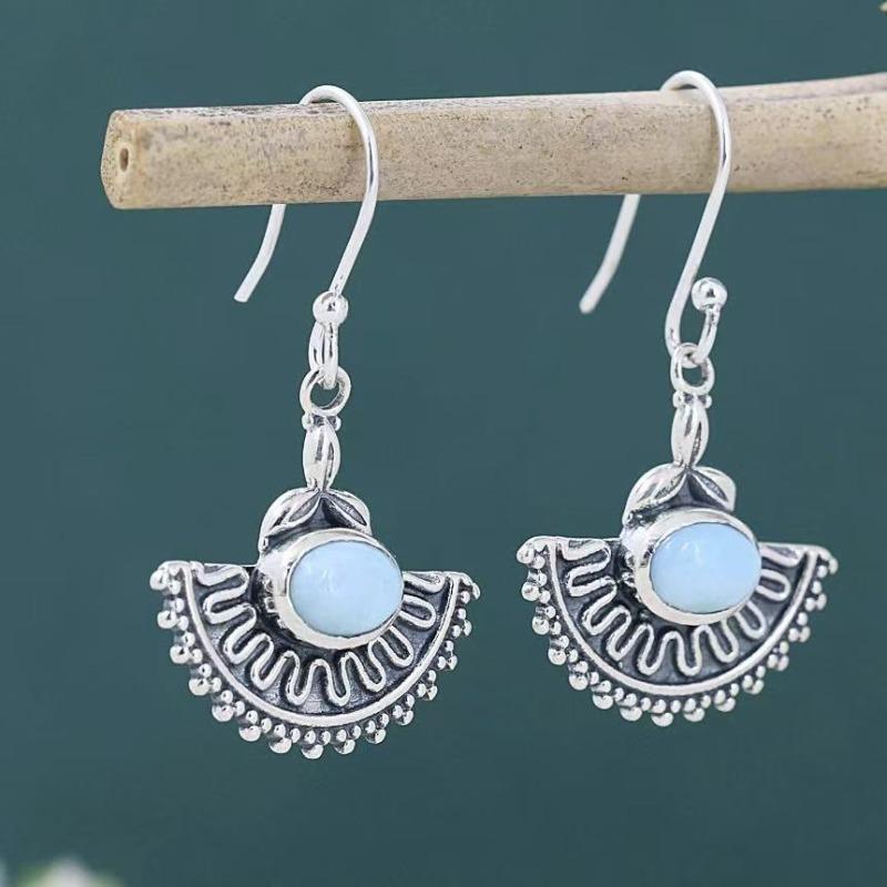Vintage Roundd Inlaid Blue Stone Earrings Geometric Creativity Silver Color Dangle Earrings for Women Jewelry