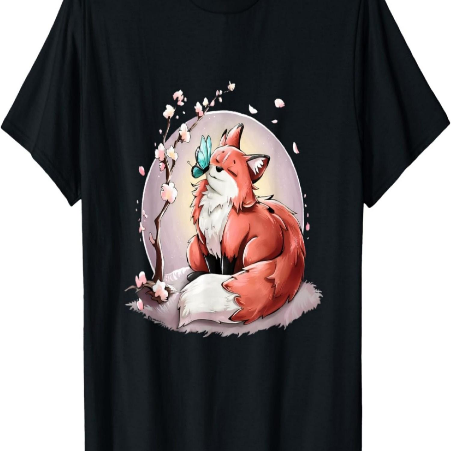 Tranquil Fox & Sakura  Cherry Blossom Vintage Art T-Shirt S