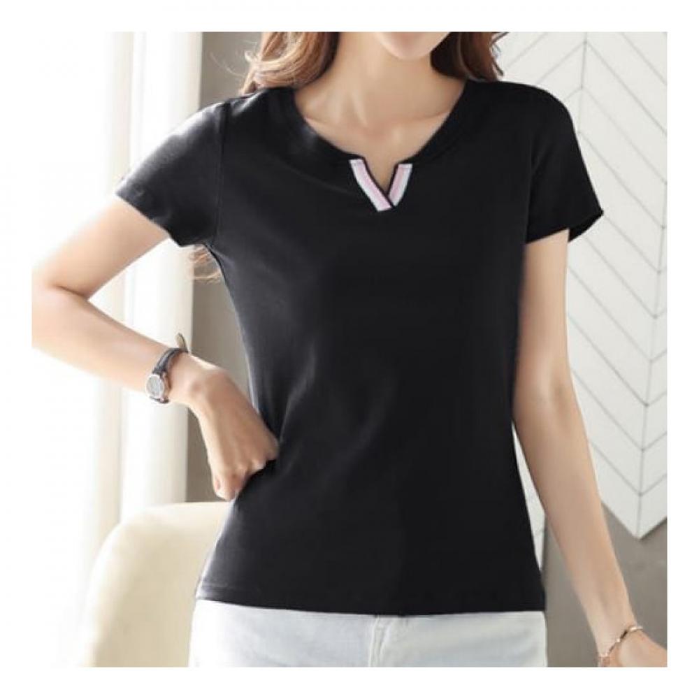 Navava NT1796 Simple Color Blocking PoinT SpliT Neck ShorT Sleeve T shirT