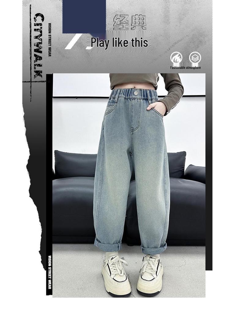 2025 Girls' Spring-Autumn Straight Wide-Leg Jeans: Long Pants for Big Kids