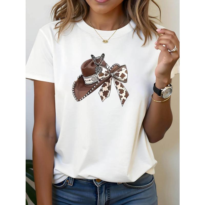 Western Style Cowboy Hat with Bow Pattern Printed Women'S Round Neck Short Sleeve T-Shirt, Perfect for Casual Outings, Holiday Gifts