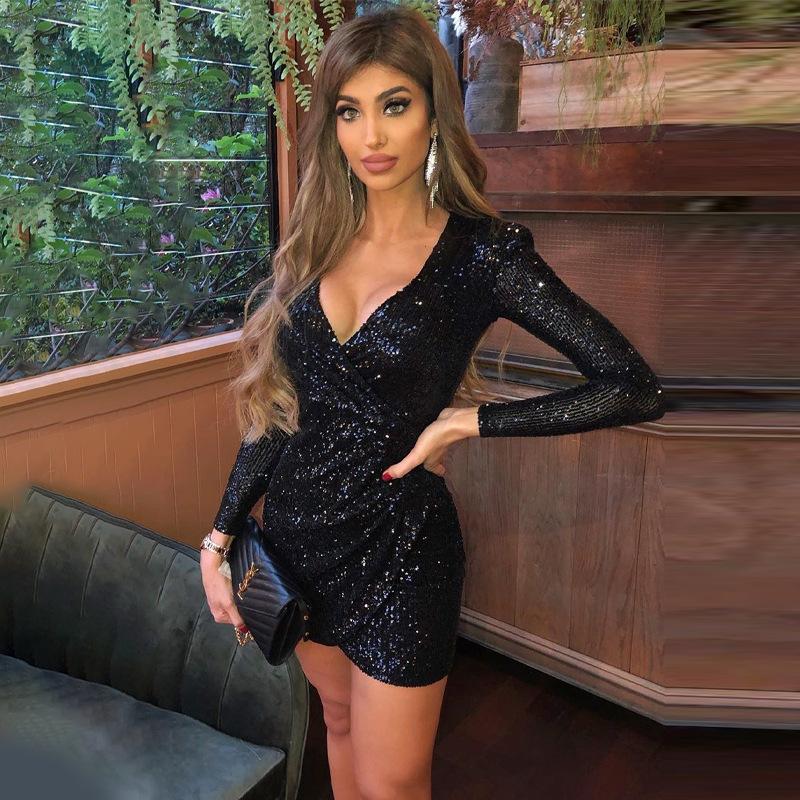 Women's V Neck Long Sleeve Sequin Bodycon Midi Dress Clubwear Party Dresses