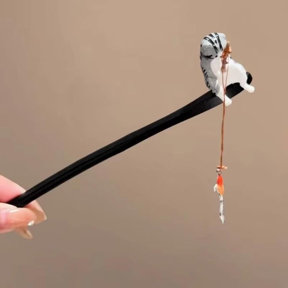 Tassel Cat Fishing Wooden Hair Stick Black Sandalwood Hairpin New Hair Styling Tools Women Girls