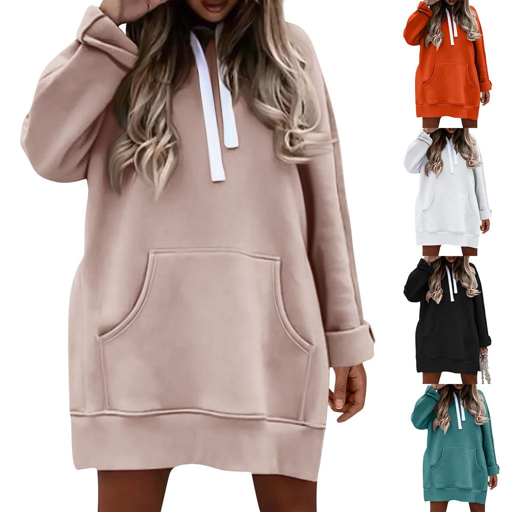 Dames Ensfarget Mote Komfortabel Hettegenser Mellomlang Langermet