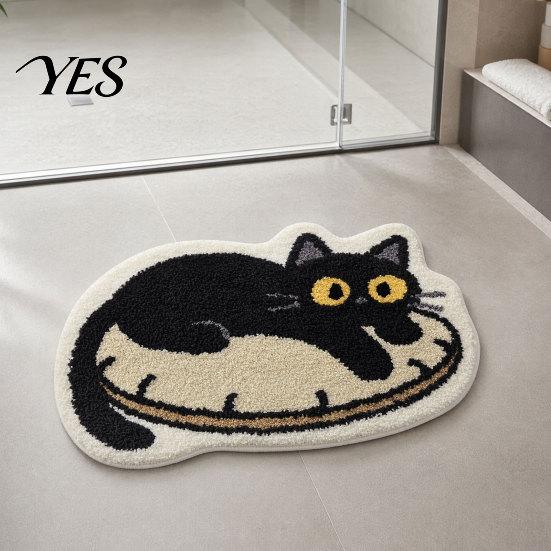 Anti-slip Floor Mat Plush Bathroom Rug, Non-Slip Absorbent Fluffy Mat, Cute Sturdy Black Cat Door for Entrance Bedroom Living Room Wear-resistant