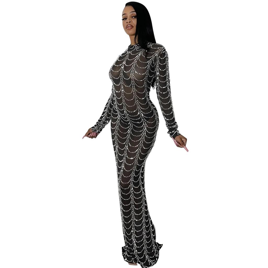 European and American Fashion Sexy Nightclub Hot Drilling Mesh See-through Long-sleeved Dress X5351
