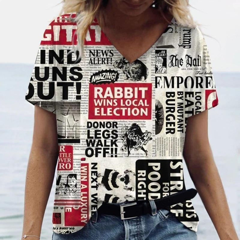 New Newspaper 3D Print T-Shirts Women Casual Fashion Streetwear Short Sleeve V-Neck