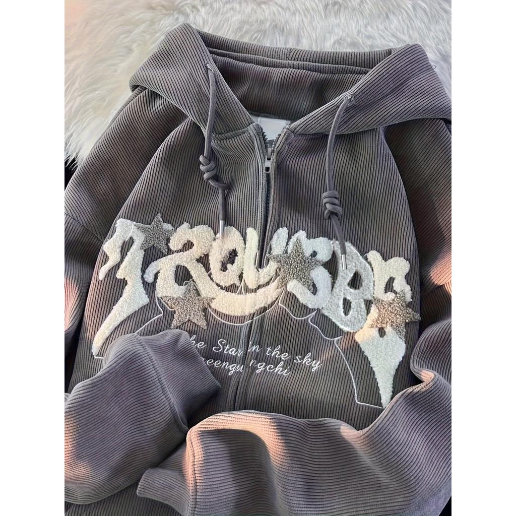 Star Corduroy Cardigan Jacket, Women's Spring and Autumn Loose Trendy Brand Street Hoodie