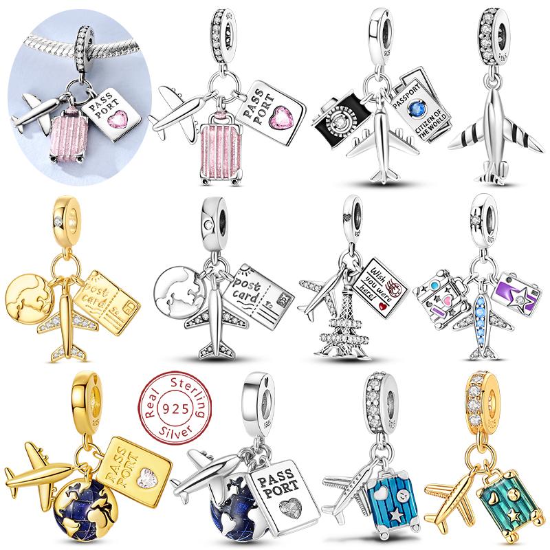 Charms 925 Silver Airplane Luggage Passport Charms Beads Fit Bracelet Pendant DIY Women Man DIY Jewelry Making