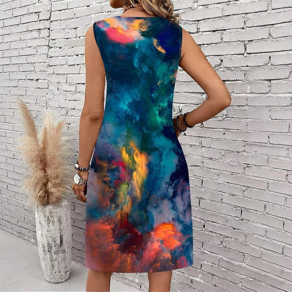Plus Size V Neck Sleeveless Misty Canyon Waterfall Print For Wilderness Sightseeing Trip