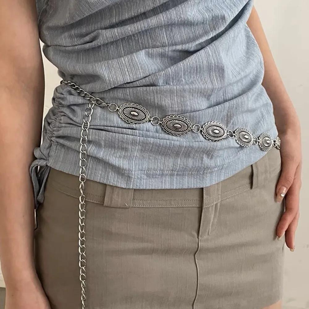 Fashion Metal Women's Waist Chain Adjustable Durable Retro Waist Chain Gold/Silver Carved Chain Belt