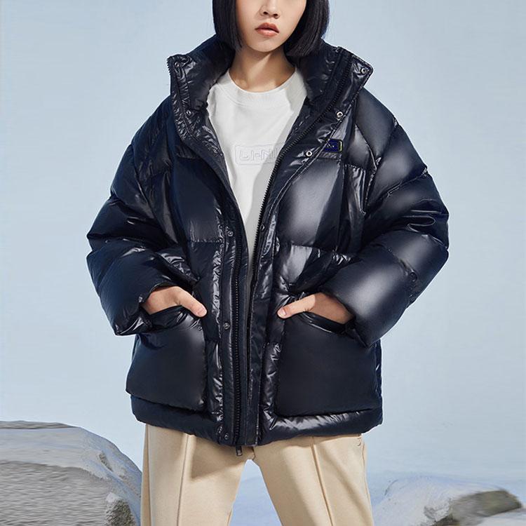 Li Ning Training Series Solid Color Shiny Stand Collar Warm Bread Down Jacket Women Outerwear Black AYMR372-2