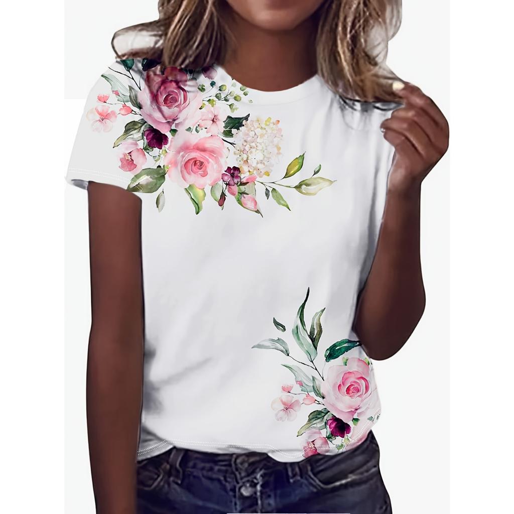Summer Fashion Ladies T Shirt Beautiful Floral Pattern Printed Tee Round Neck Short Sleeve Regular Tops Women's T-Shirt