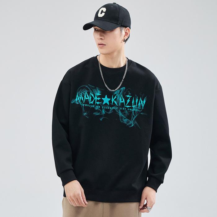 

Осенне-зимний прочный свитер с принтом и круглым вырезом, мужская свободная одежда больших размеров с длинными рукавами, модные мужские повседневные топы, трендовые 2XL чёрный