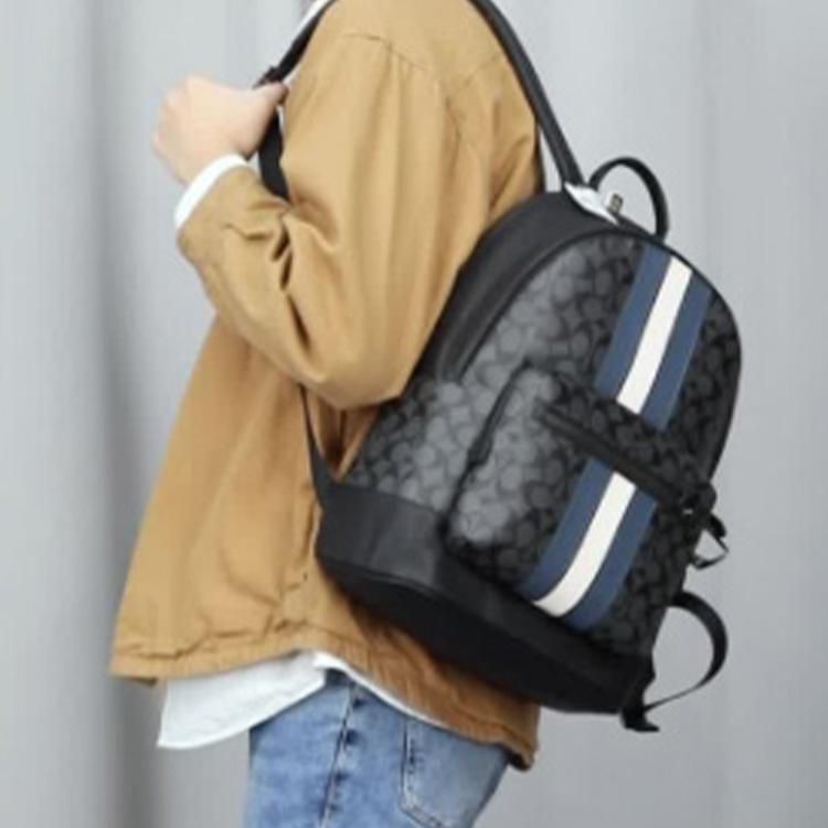 Coach Zaino Grande Capacità West 35 Classic Monogramma Blu e Bianco a Strisce Zaino da Uomo Nero Grigio 3001-QBOH0