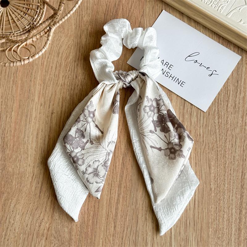 Double-layer Satin Fabric Floral Lace Bow Big Hair Band with Long Tassel Ponytail Hair Tie, A High-end Hair Tie with A Chic Design