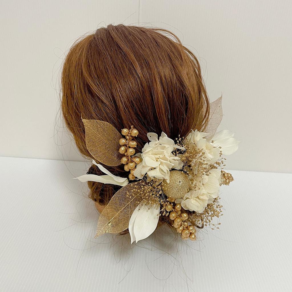 Dried Flower Hair White and Perfect for and with Hakama and Furisode Tamakanzashi Head Dress Ornament, Gold, Coming-of-Age Ceremonies, Weddings,