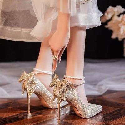 Fashion Women Pumps Pointy Shallow Mouth Elegant Sequin Bow High Heels Fine Heel Pearl Single Shoes Women Wedding Bride Heels Women